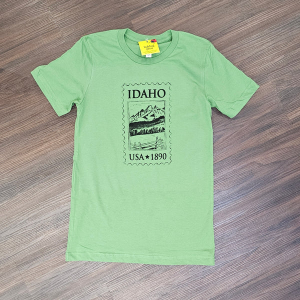 Idaho Stamp Green T-shirt, Adult Sizes, Eco Friendly Waterbased Inks