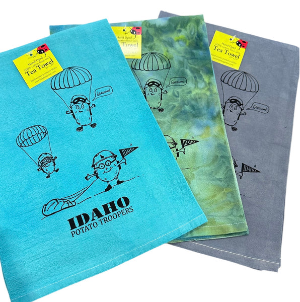 Dyed Idaho Potato Trooper Tea Towel, Hand drawn and Screen Printed flour sack towel