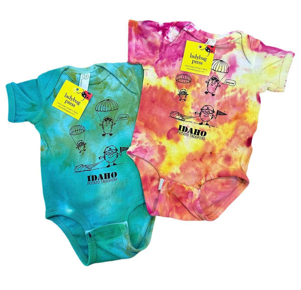 Ice Dyed Idaho Potato Trooper Onesie, eco-friendly waterbased inks