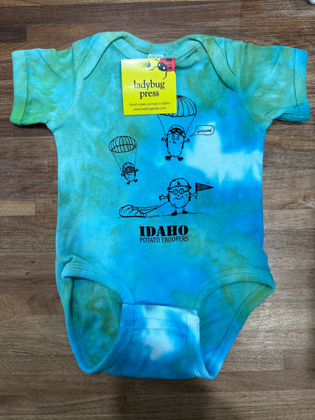 Ice Dyed Idaho Potato Trooper Onesie, eco-friendly waterbased inks