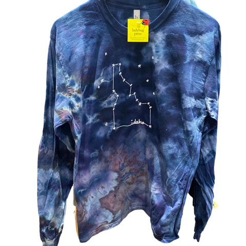 Adult Ice Dyed Idaho Constellation Longsleeve, screen printed with eco-friendly waterbased inks, adult sizes