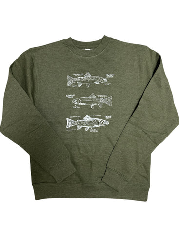 Trout Crewneck Sweatshirt, screen printed with eco-friendly waterbased inks, adult sizes