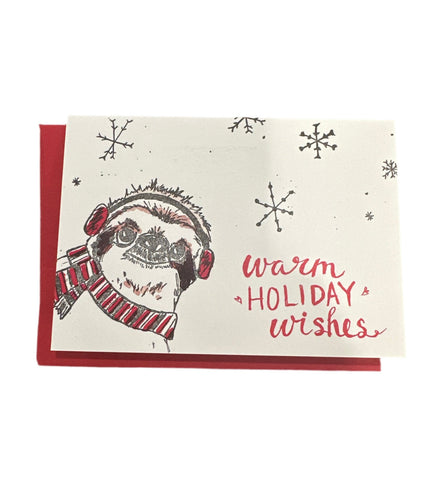 Warm Holiday Wishes Sloth, letterpress printed, eco friendly