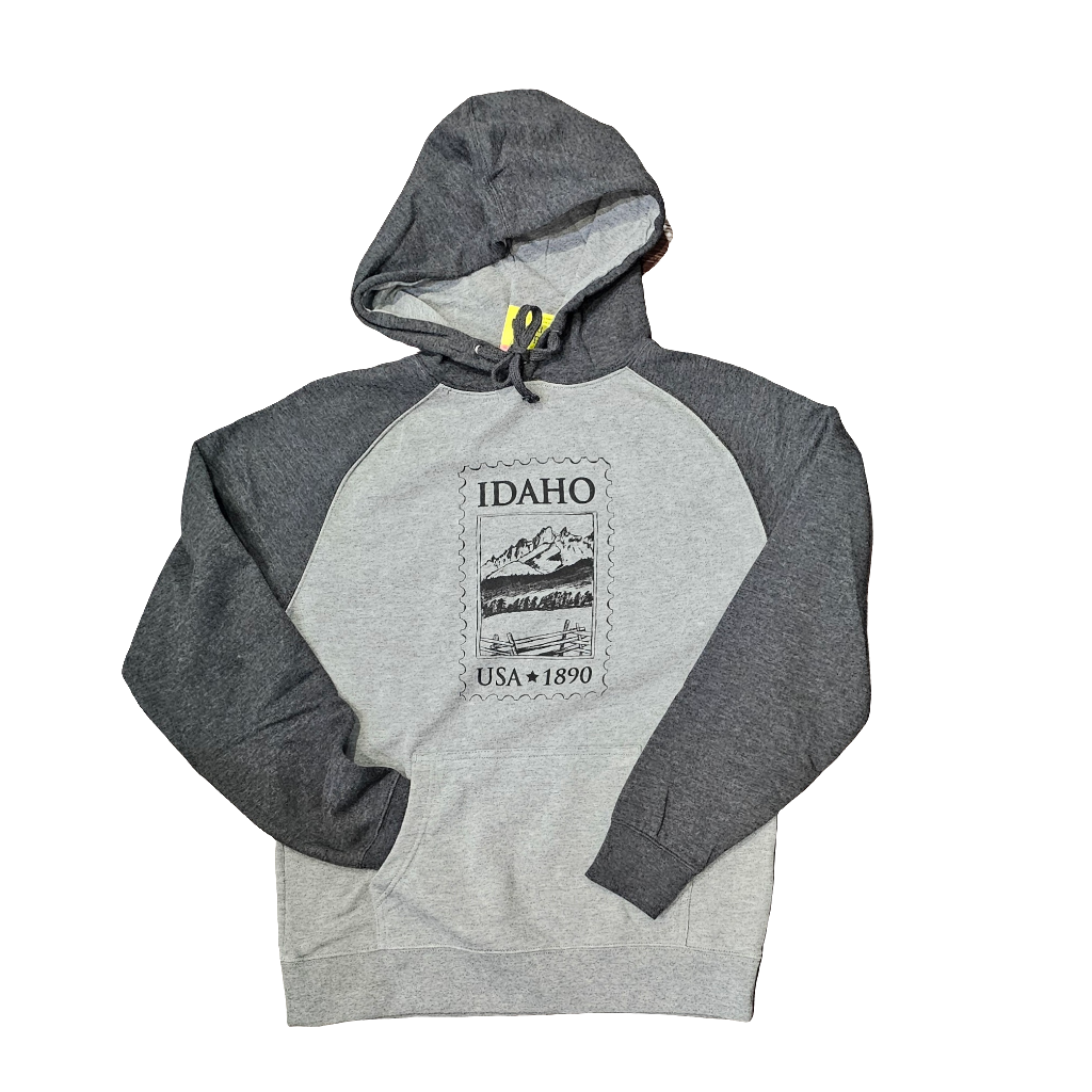 Idaho Stamp Raglan Hoodie, screen printed with eco-friendly waterbased inks, adult sizes