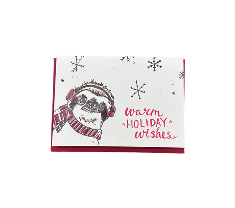 Warm Holiday Wishes Sloth, Letterpress Printed Card, eco friendly