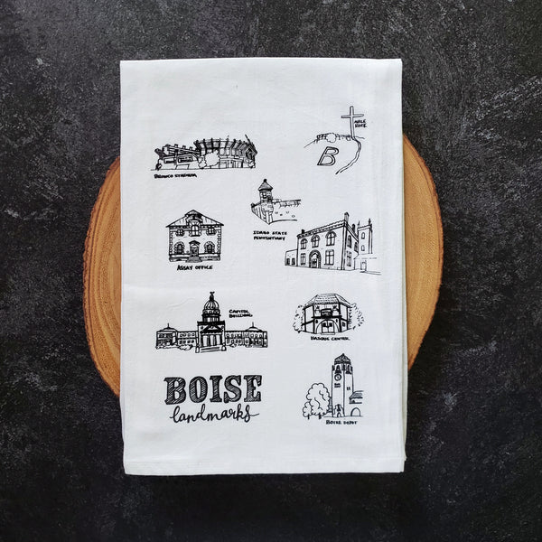 Boise Landmarks Tea Towel, Screen Printed flour sack dish towel